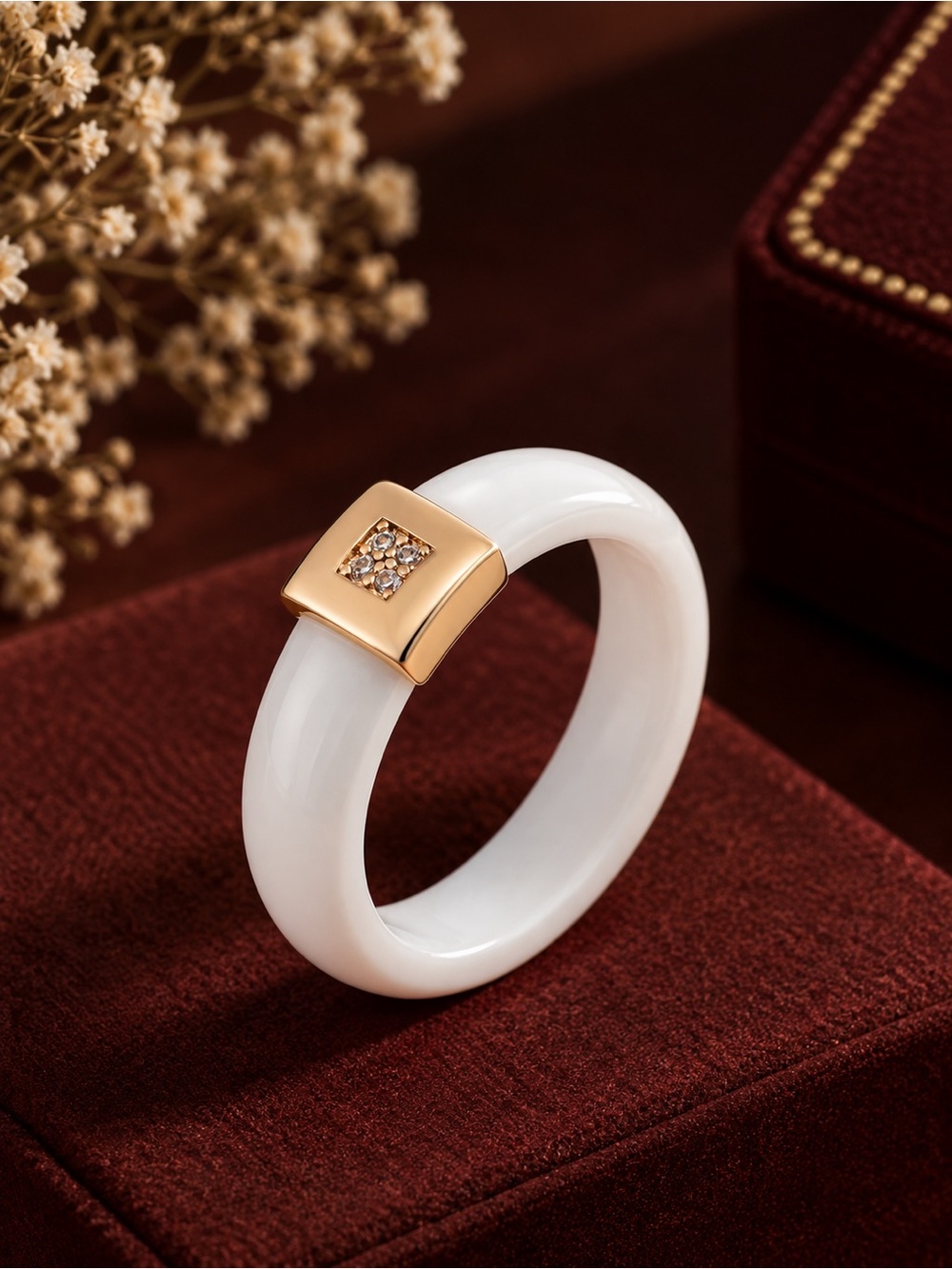 White Ceramic Ring with Gold Accent and Crystals